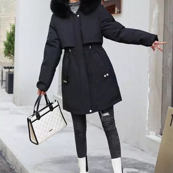 Black Faux Fur Warm Parka Wind Breaker Hood Fleece Lined Raincoat Coat Jacket - Picture 5 of 14